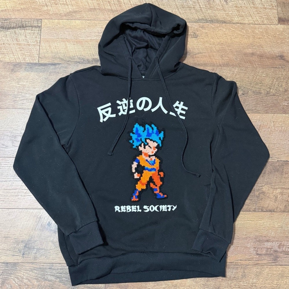 Rebel Minds Black Hoodie Rebel Society Anime Pixel Art Chenille‎ Patch Mens L